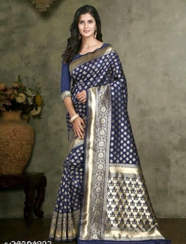 ABHISARIKA Banarasi Silk Blue Color Golden Border Saree With Banarasi Silk Blouse Piece - Free Size, Blue, Banarasi Silk, Pack of1